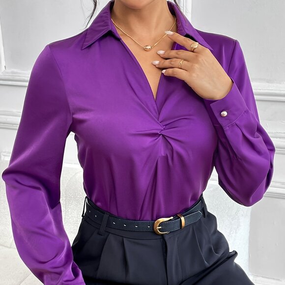 Twist Front Collared Blouse, Stylish Solid Color Long Sleeve Top - Picture 1 of 6